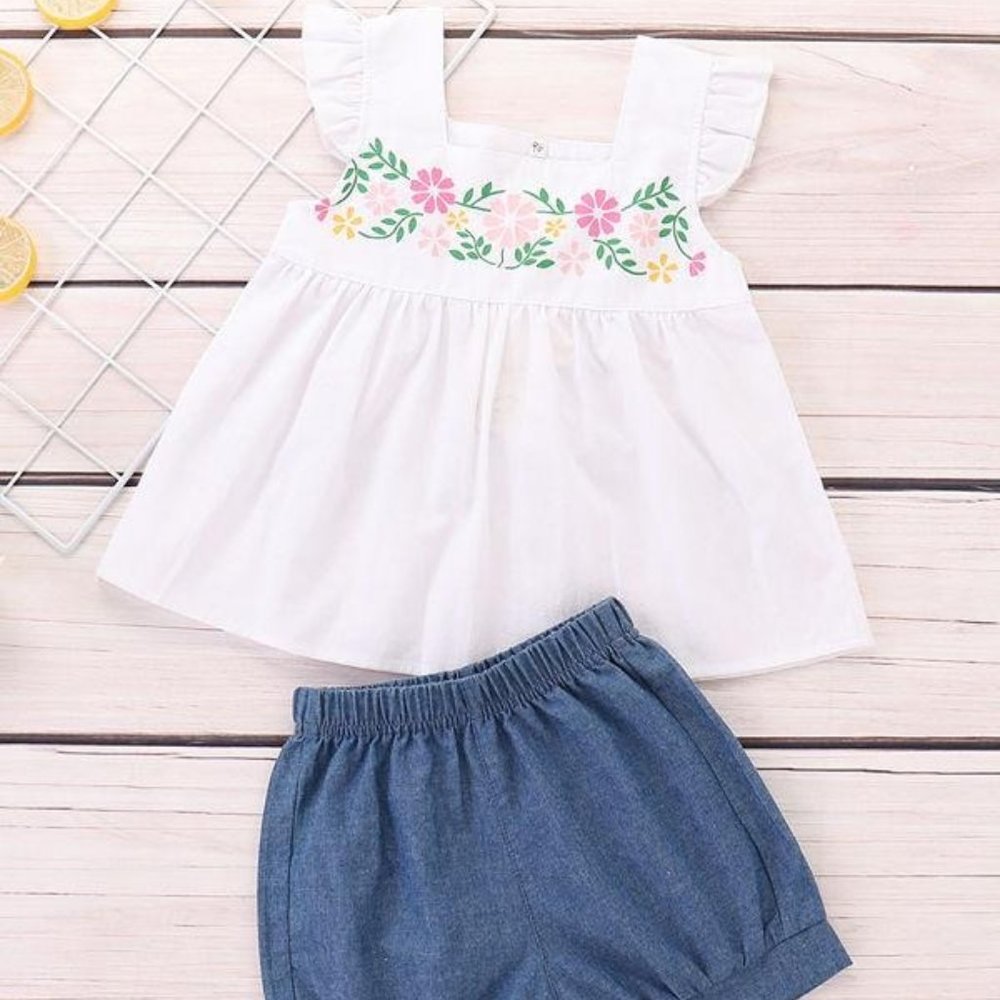 GIRL FLOWER WHITE TOP+BREAD PANTS